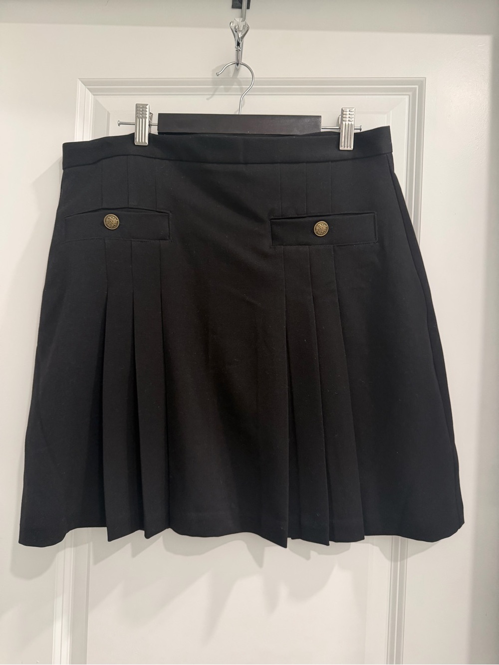 LOFT Black Pleated Skater Skirt with Decorative Buttons